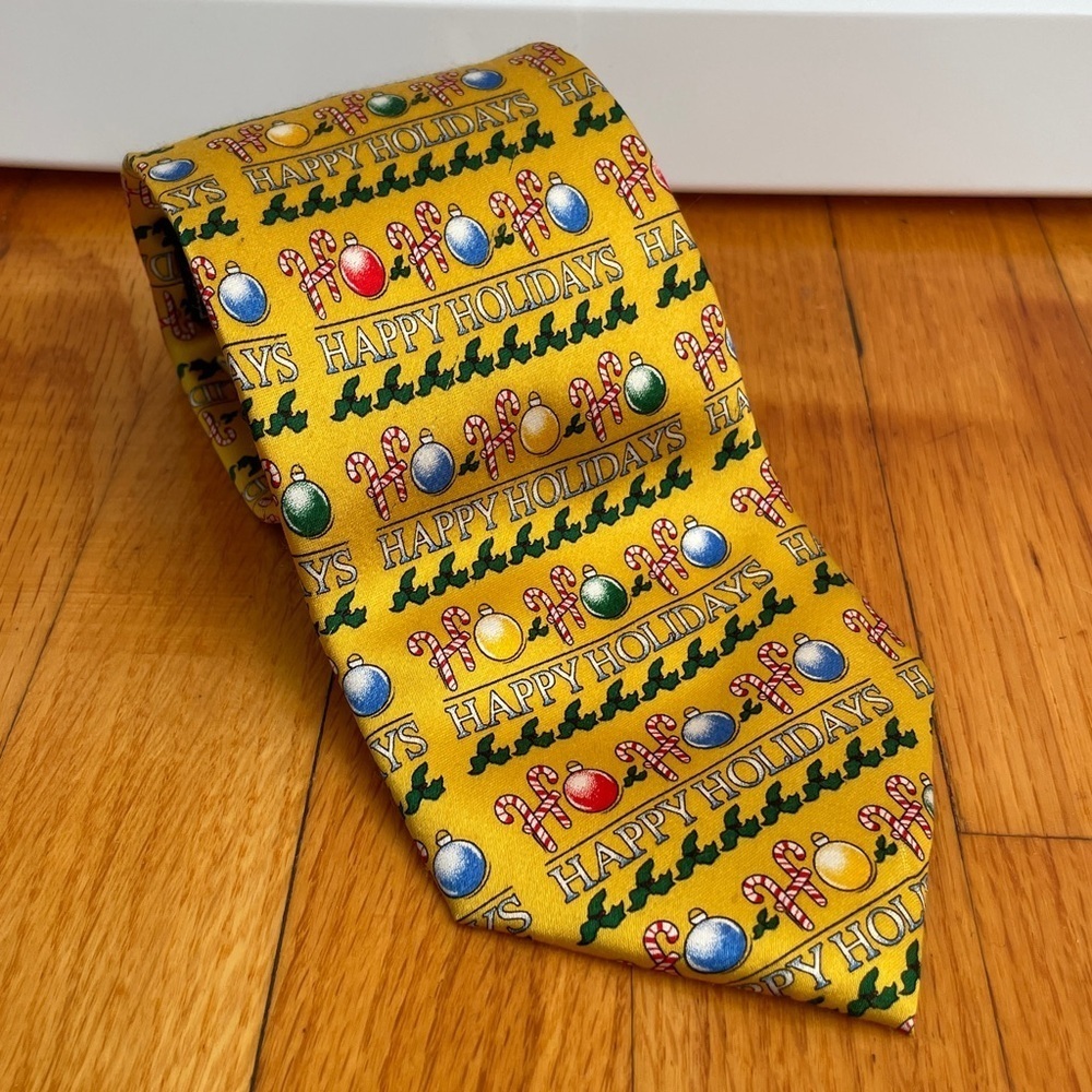 Vintage Silk Holiday Christmas Tie Gold Yellow Ornament Candy Cane Holly Festive